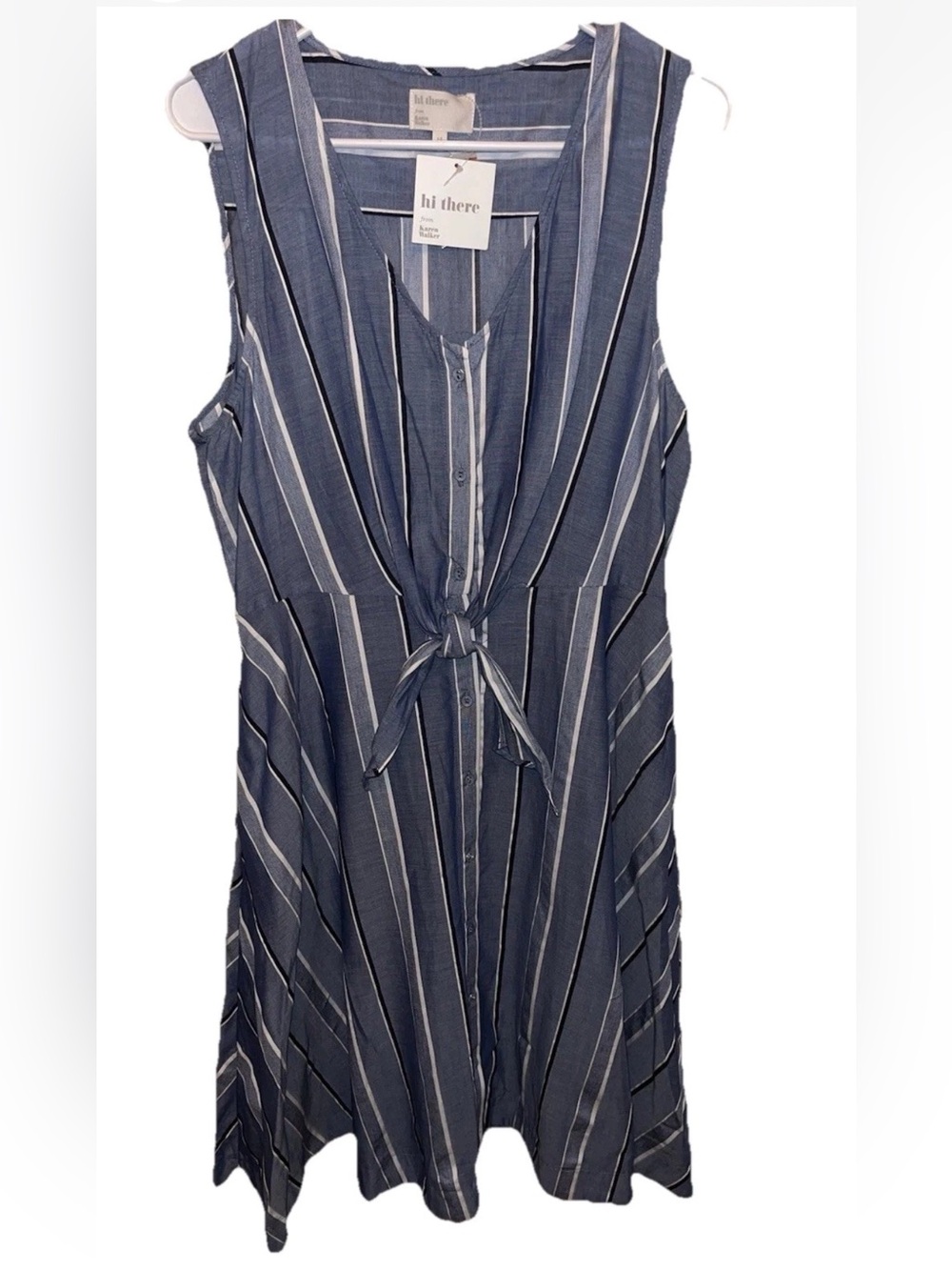 Karen Walker Women’s Sleeveless Dress Button Down Blue White Stripe Size 14 NWT
